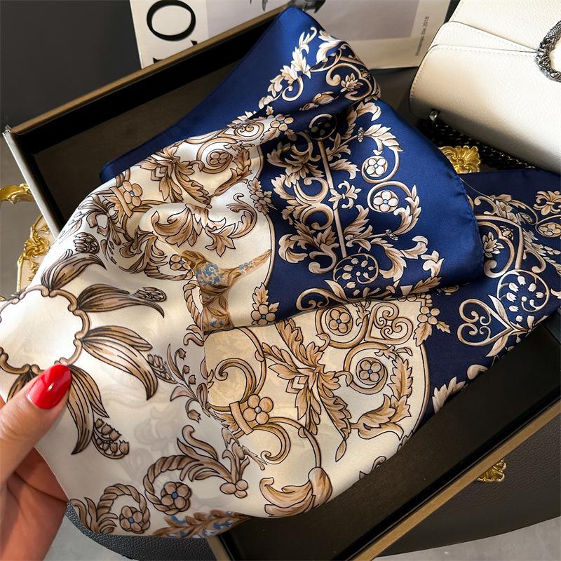 Spring/Summer New70*70cm Square Scarf Breathable Flower  Print Neckerchief Women’s Classical Imitation Silk Bandannas