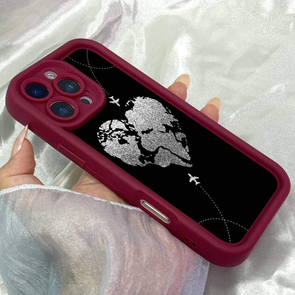 JT571 White & Black Heart World Map for iPhone 17 16 15 14 13 12 Pro Max Samsung S26 S25 Ultra A17 A07 A56 A16 A15 Xiaomi 15T Redmi 15c 14C Soft Case