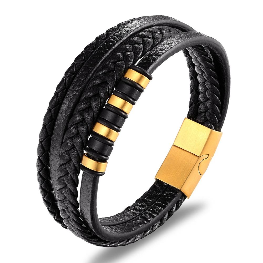 MenneM Multi Layered Stainless Steel Wrap Bracelet Men Women Black Wrist Band Custom Name Gold Plated Geometric Charm Trendy