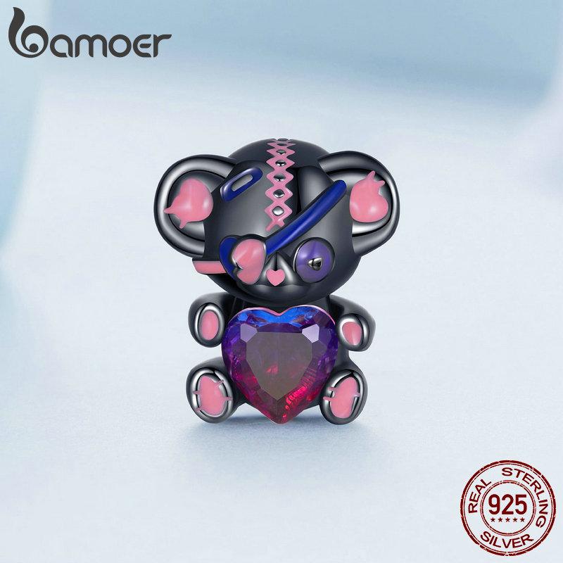 

BAMOER Стерлингового Серебра 925 пробы в форме сердца с цирконом, крутой одноглазый маленький медвежонок, подвески из бисера для женщин, оригинальный браслет, ожерелье, ювелирные изделия своими руками 925 silver