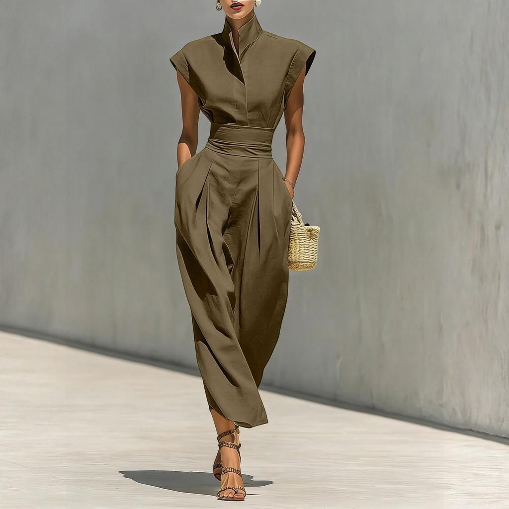 Women Sleeveless High Neck Wide Leg Jumpsuit Belted Waist Pleated Loose Fit Elegant Overall Romper