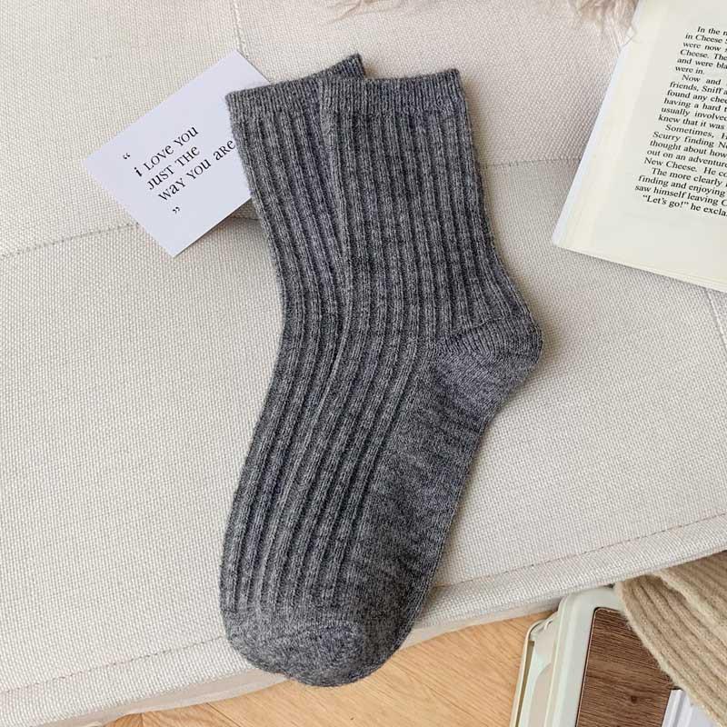 Women's Japanese Style Wool Socks, Thick Mid-Calf, Solid Color, Versatile, Warm for Autumn & Winter
