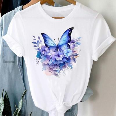 (Asya Boyutu) Baskılı Bayan Kadın Tişört Üst Giyim Günlük Çiçek Moda kelebek trend sevimli Kısa Kollu Tişört Kadın Grafik Tişörtler
