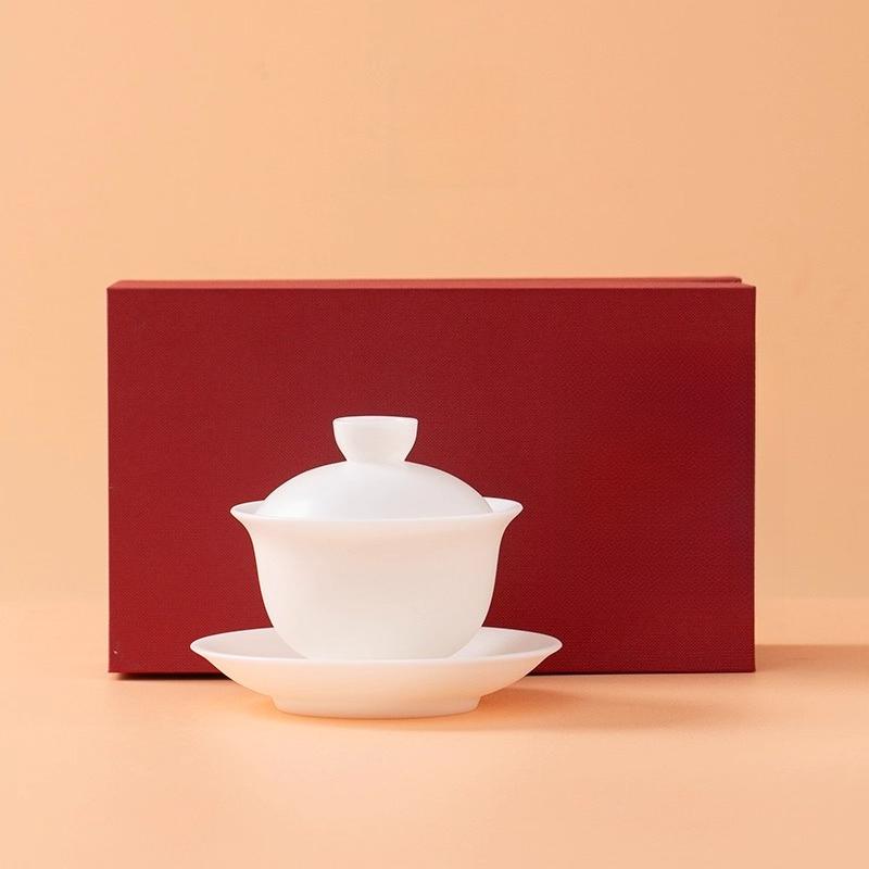 

Ice-type white porcelain Yurun beads round three talent cover bowl high-end suet jade kung fu tea set tea bowl is not hot 200ml