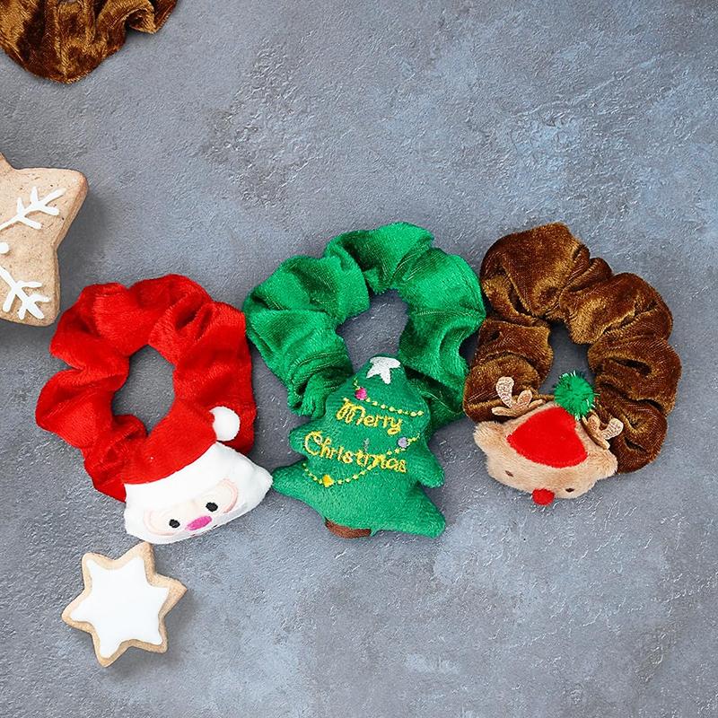 WTEMPO Women Girls Elastic Christmas Hair Ties with Christmas Series Pattern Design Soft Red Green Brown Hair Bands Xmas Ponytail Holders