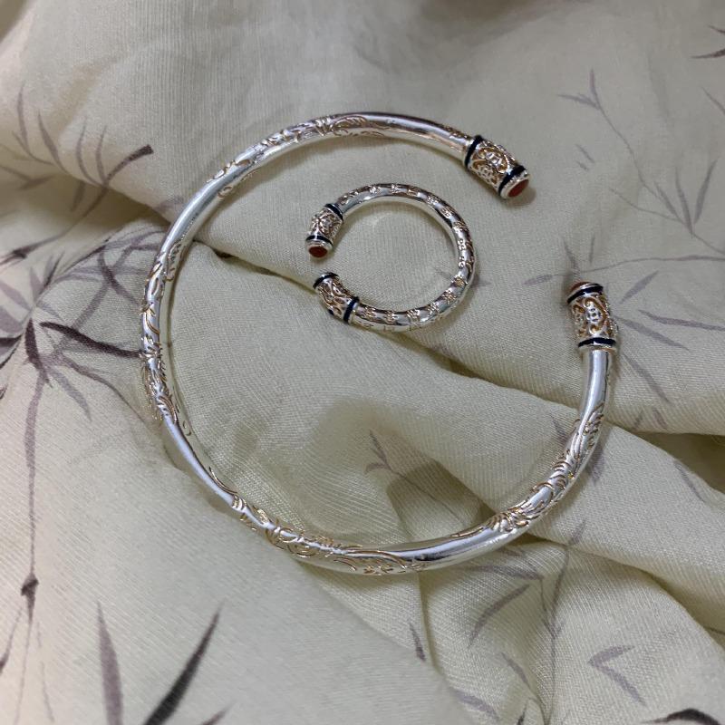 Ancient Gold-Painted Grass Pattern Bracelet Female Solid Opening Peace And Joy Ring Retro Ethnic Style Bracelet