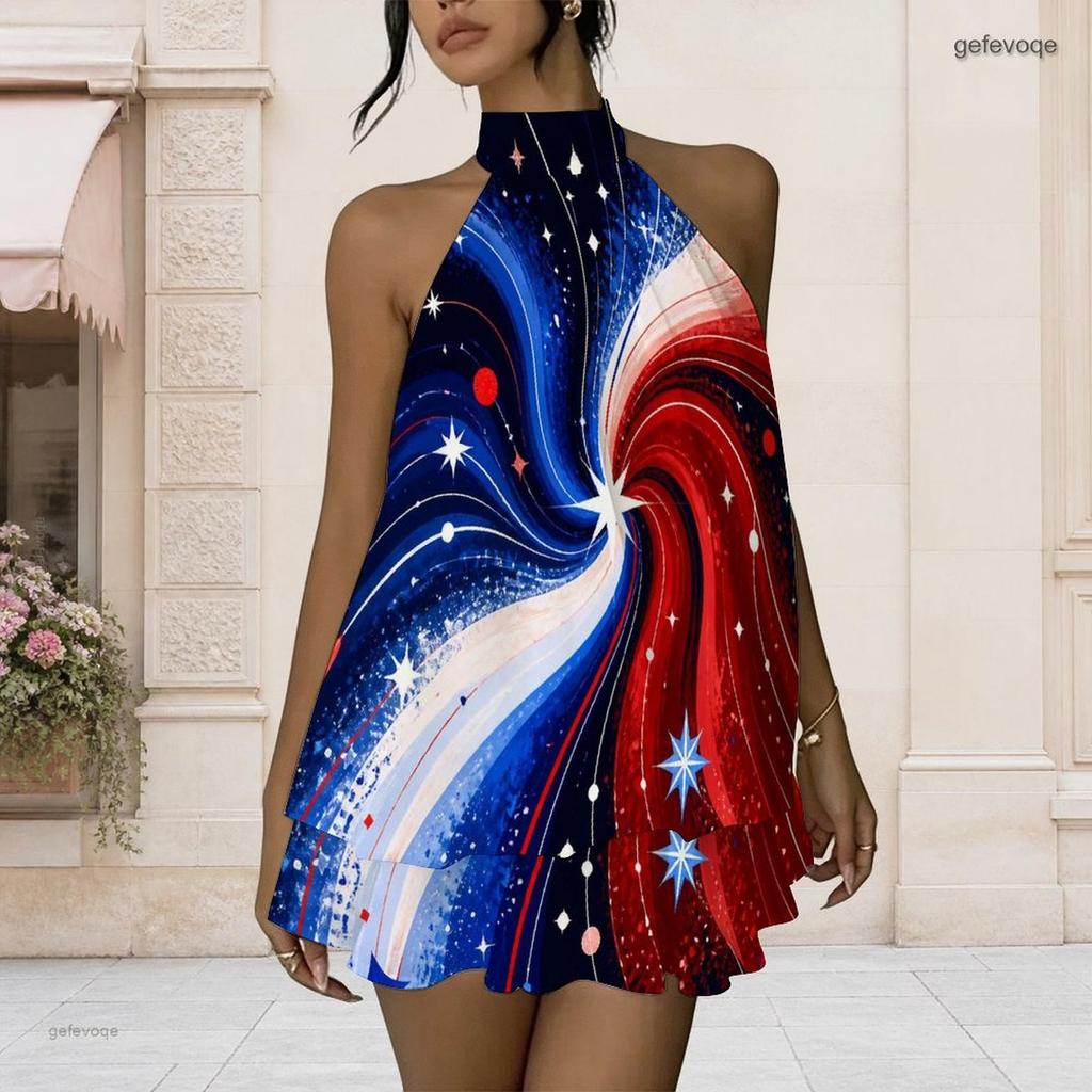 Women Plus Size Halter Backless Fake Two Piece Dress Cosmic Planet Star Patriotic Print Mini Dress