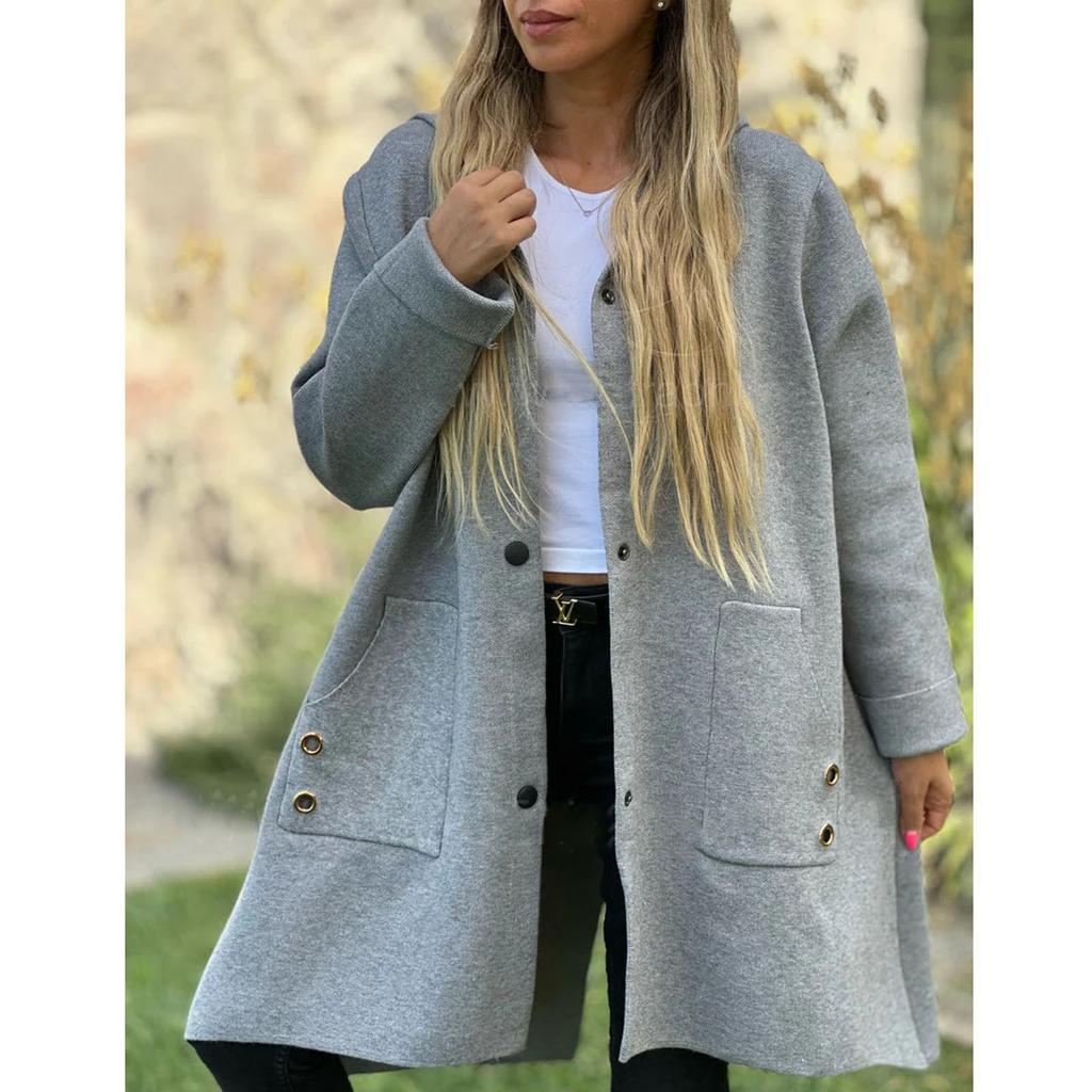 Damen Mantel mit Kapuze, lockerer, lässiger Mantel, einreihig, einfarbig, Wollmantel