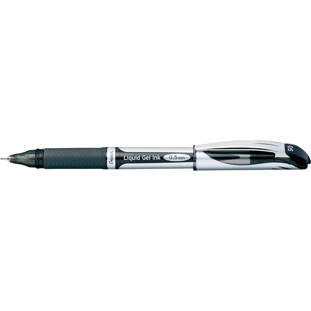 Pentel EnerGel Gel Ink Ballpoint Pen 0.5mm Silver Barrel Black Ink Pack of 10