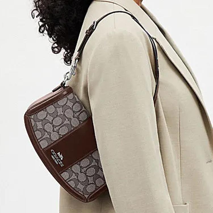 Coach Andrea 24 Classic Logo Buckle Closure Leather And Fabric Tote Shoulder Bag Medium Women Bags Oak Maple-Brown CT767-SVS8S