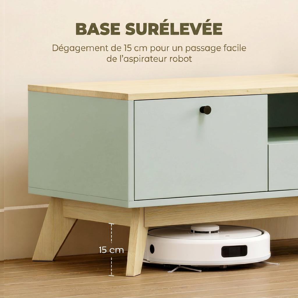 Living Room Coffee Table, Rectangular Side Table with Drawer, Door and Open Compartment, Light Green and Oak