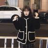 Women's Korean Style Color Block Lambswool Cardigan: Loose Fit, Contrast Stitching, Button-Up, Pocketed, Long Sleeve, Round Neck Winter Coat