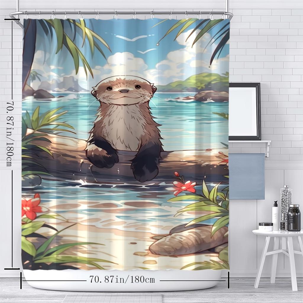 1 Piece Shower Curtain Set - Cute Otter Digital Print Art Pattern, Polyester Fabric With Hooks, Shower Curtain Decoration