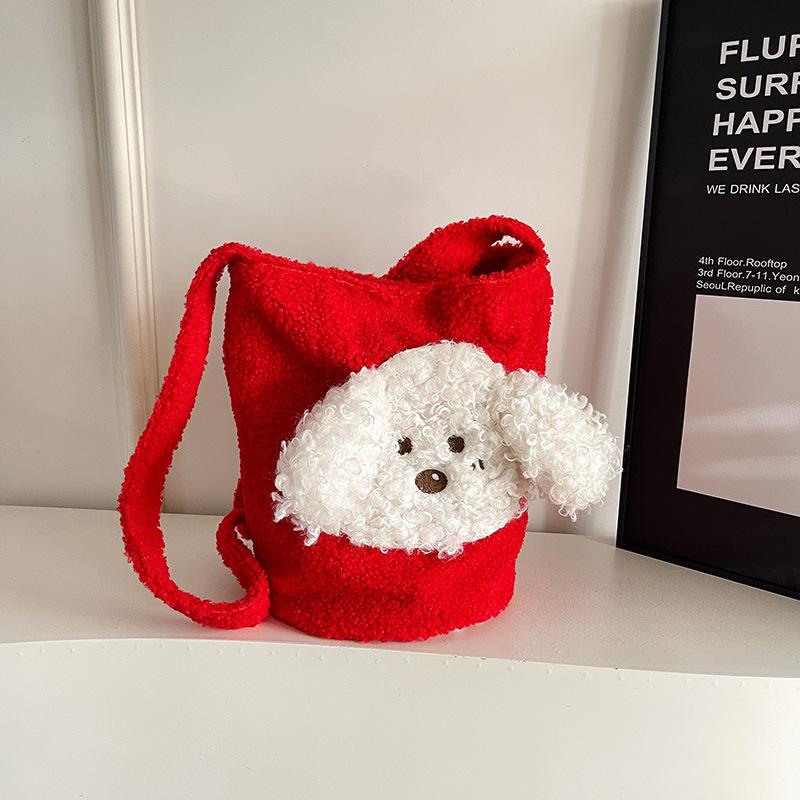

Korean version of fashion underarm bag 2025 new simple plush bucket bag large capacity cartoon puppy fluffy messenger bag красный