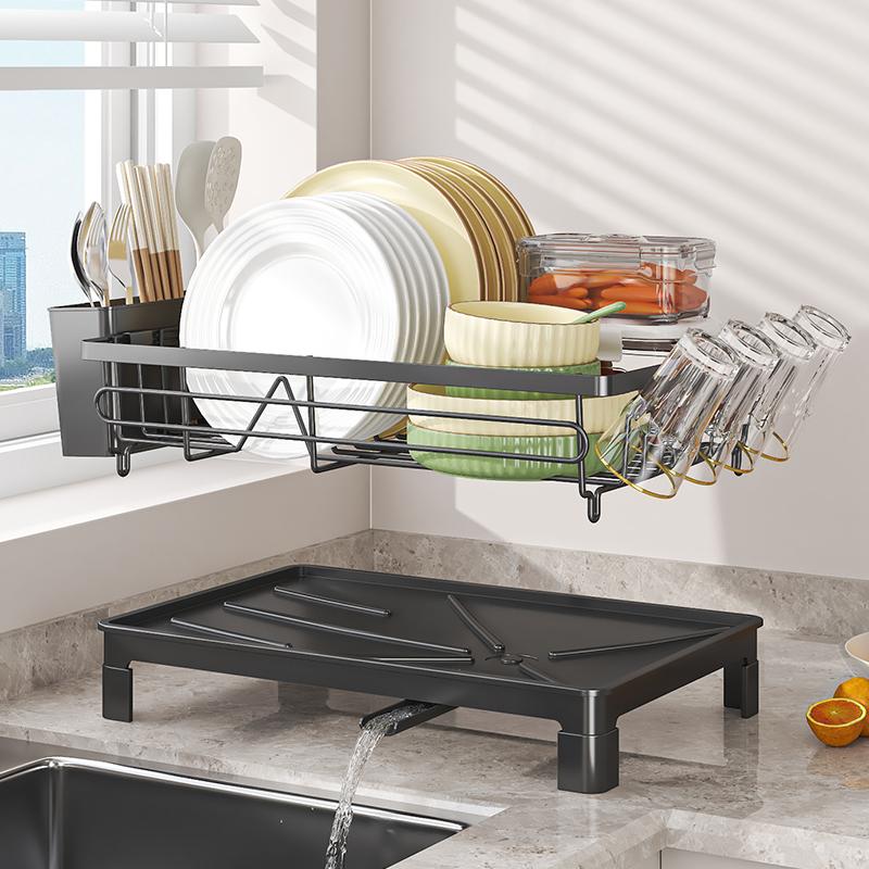 1pc Metal Dish Drying Rack with Drain Tray, Cup Holder & Utensil Holder- Large Capacity Kitchen Sink Organizer, Space-Saving