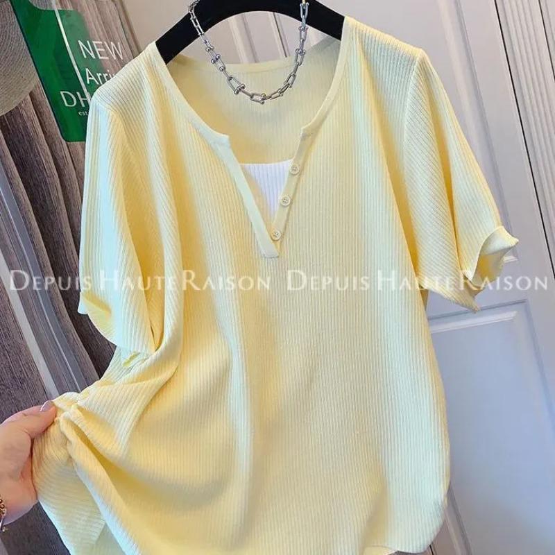 

Large Size Design Contrasting Short-sleeved T-shirt Sweater Women s Summer Loose Shoulder Top 2XL жовтий