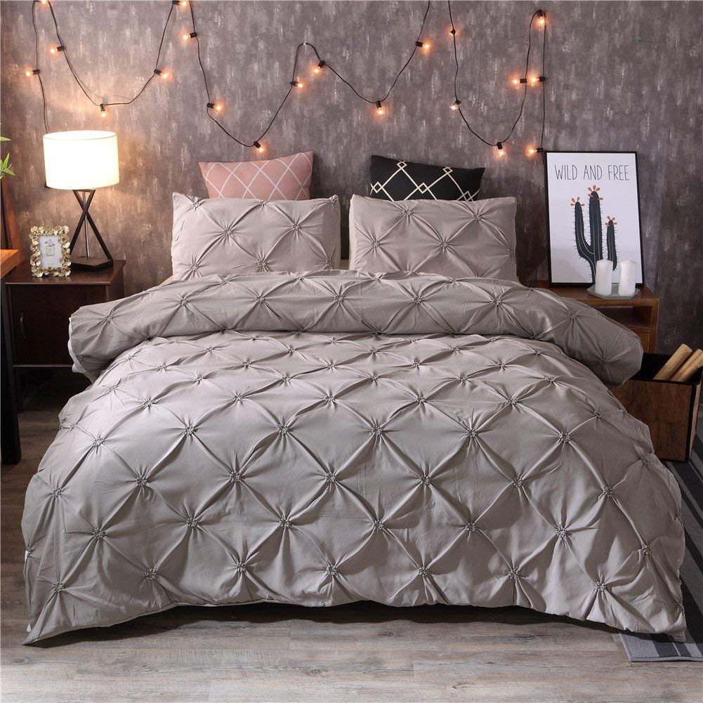 Feelyou Raffung Bettbezug Set King Size Lila Pinch Pleat Bettbezug Tuft-Design Bettwäsche Set Reißverschluss Weiches Polyester Bettdeckenbezug mit