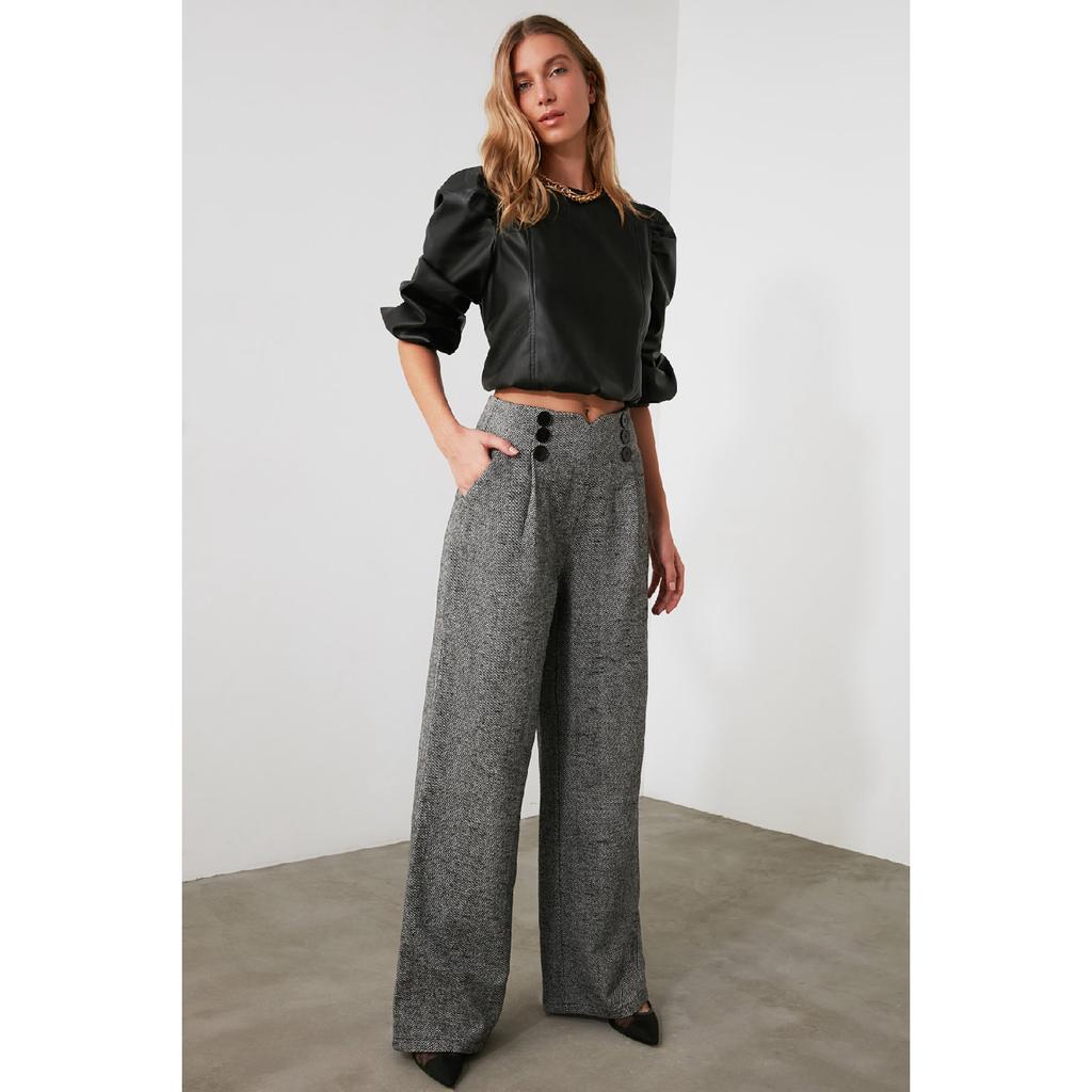 Szare, szczegółowe, tkane spodnie z szerokimi nogawkami i guzikami Twoaw21pl0492