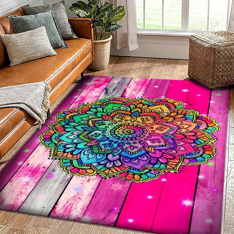 Floor Mat Crystal Velvet Wood Flower Printed Non-Slip Floor Mat, Polyester Area Rug with Vibrant Mandala Design for Living Room
