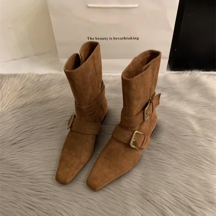 2025 Korean version of the new niche design versatile French short boots small square head thick heel Maillard medium boots women's boots