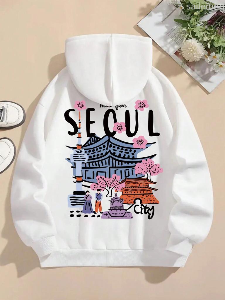 Seoul Beautiful Scenery Printing Womens Warm Comfortable Hoodies Simple Street Pullover Winter Clothes Women Streetwear Women