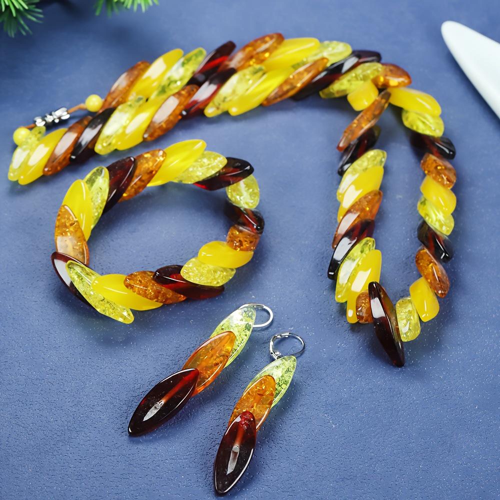 Унисекс Винтажный Набор: Ожерелье с Янтарным Кулоном и Серьги - 3 Предмета, Простой и Стильный 711