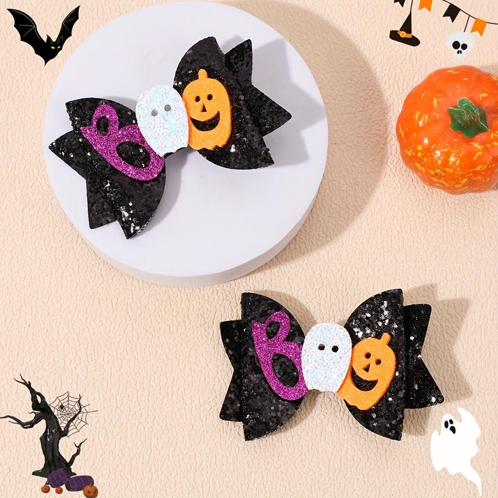 2Pcs Halloween Glitter Bow Hair Clips Glittering Ghost Pumpkin Bownot Hairpins Girls Kids Party Headwear Hair Accessories Gift