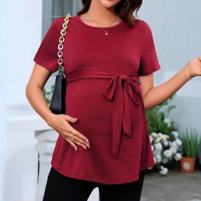 Women's Round Neck Short Sleeve Belt Solid Color Maternity Top
