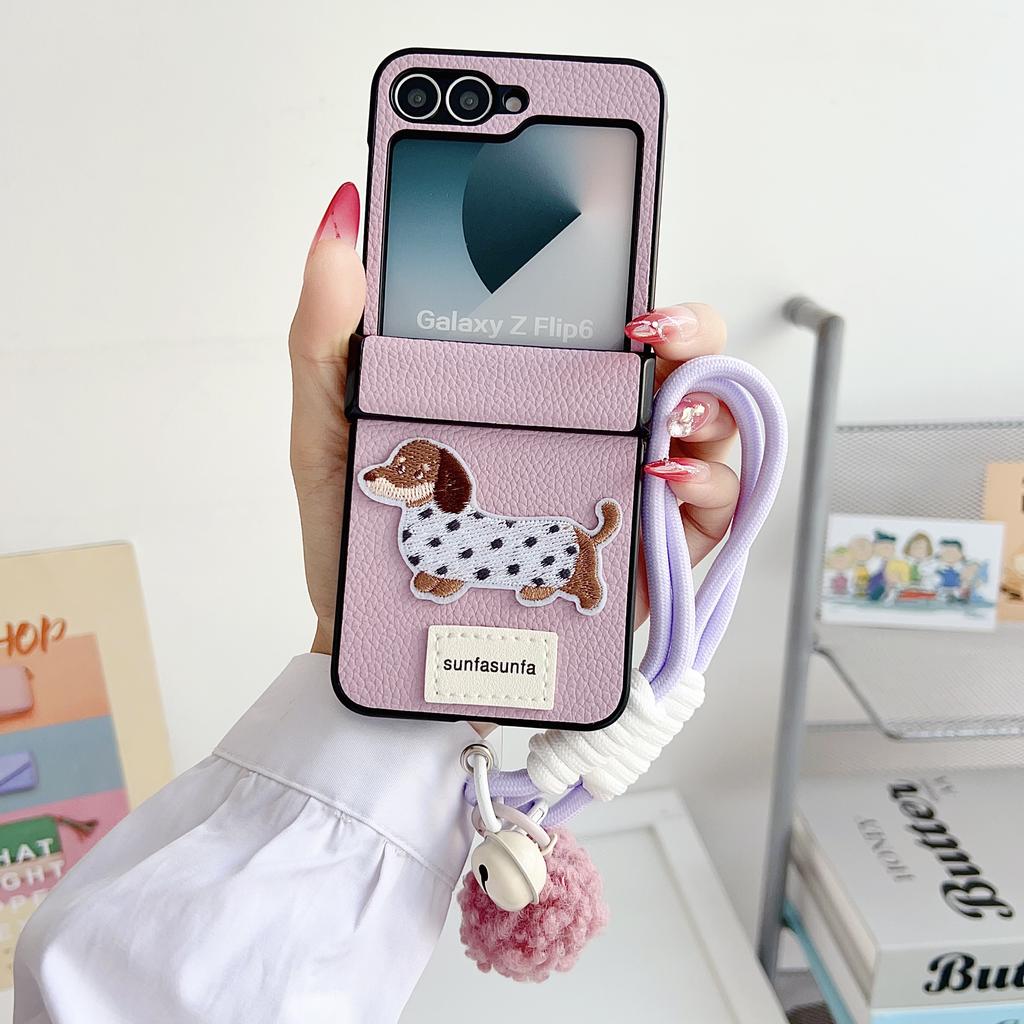 Cartoon PU Leather Phone Case for Samsung Galaxy Z Flip 6 5 4 3 Flip6 Flip5 Flip4 Flip3 5G Wrist Strap Hinge Protective Cover