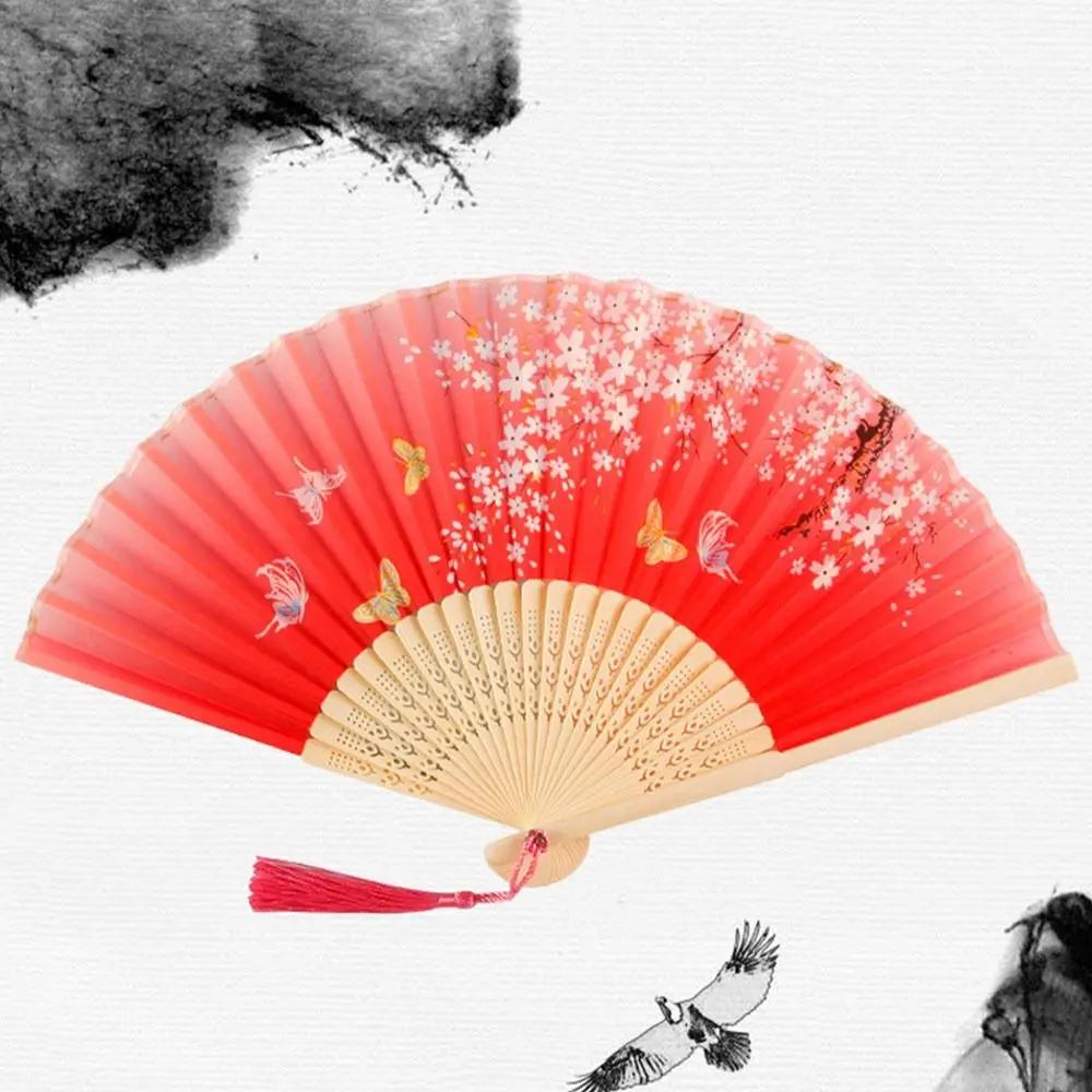 Silk Chinese Japanese Folding Fan Colorful Bamboo Vintage Style Folding Fan Hand Fan Tassel Elegent Female Fan