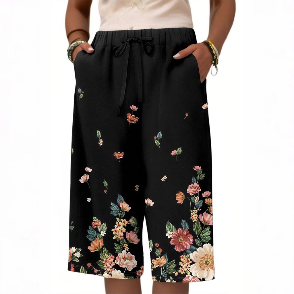 Women's Summer Fashion Retro Floral Polka Dot Print Knee Length Lightweight Elastic Waist Casual Pocket Shorts