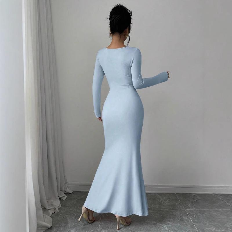 Elegant Sexy Long Sleeved Fishtail Dress Tight Fit Spring Pleated Square Collar Solid Color Party Maxi Long Dresses Evening Spring Bodycon Dress