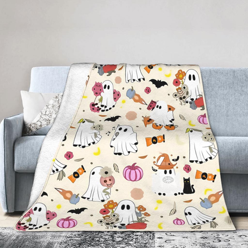 Fall Halloween Ghost Pumpkin Blankets Flannel Print Portable Lightweight Thin Throw Blanket for Sofa Car Plush Thin Quilt