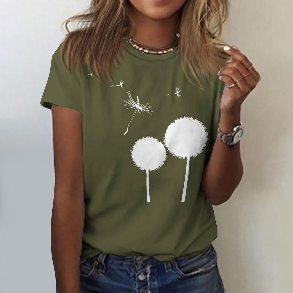 Women's Cute Printed Short Sleeve Round Neck Front Shoulder Vintage Short Sleeve Summer Loose Shirt Top