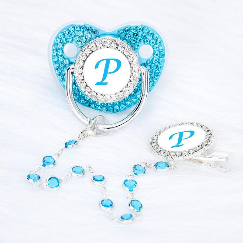 Lake Blue Rhinestone Baby Pacifier with Beaded Chain Clip