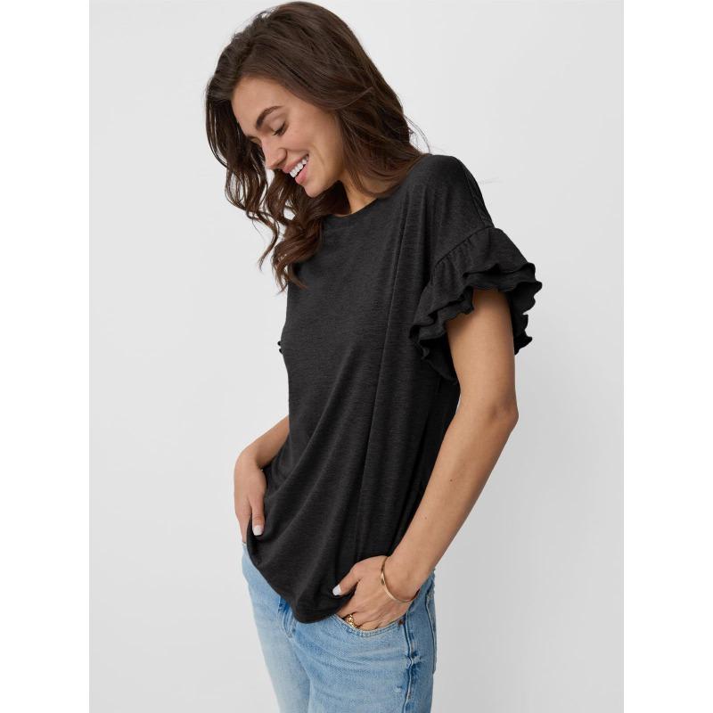 Spring and Summer New Solid Color Round Neck Ruffle Sleeve Short-sleeved T-shirt Top