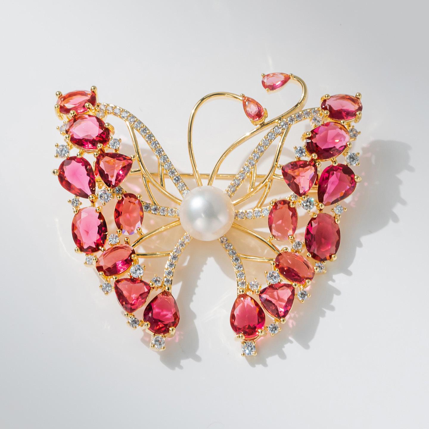 Bo Xin Yun Freshwater Pearl & Red Crystal Butterfly Brooch - Elegant Fashion Accessory Pin