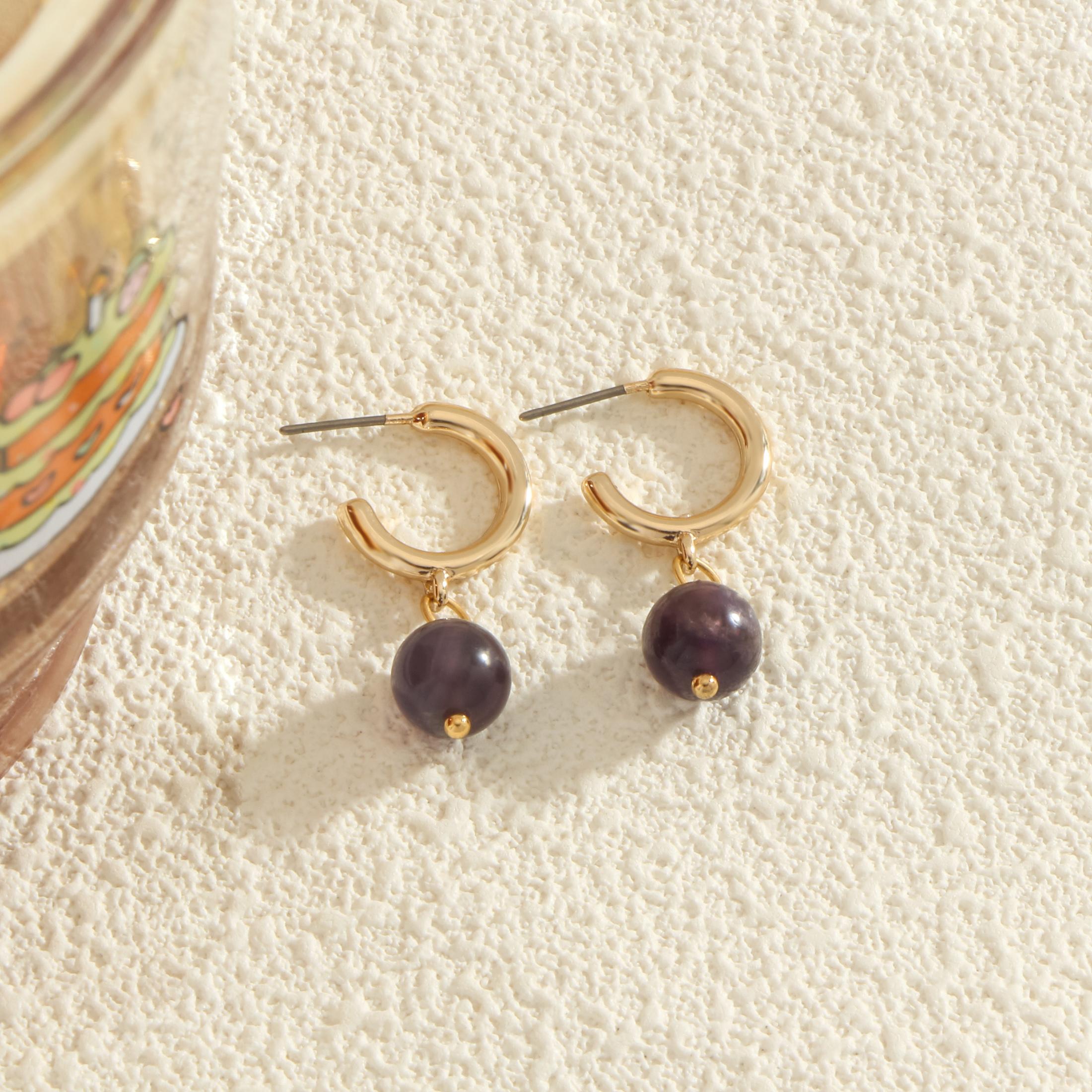Gold Plated Natural Stone Bead Hoop Earrings Set for Women Minimalist Jewelry Gift фиолетовый