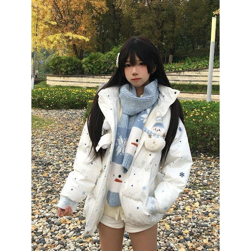 Winter sweet girl atmosphere Velcro cute snowman fur collar hooded cotton dress + warm scarf two-piece set