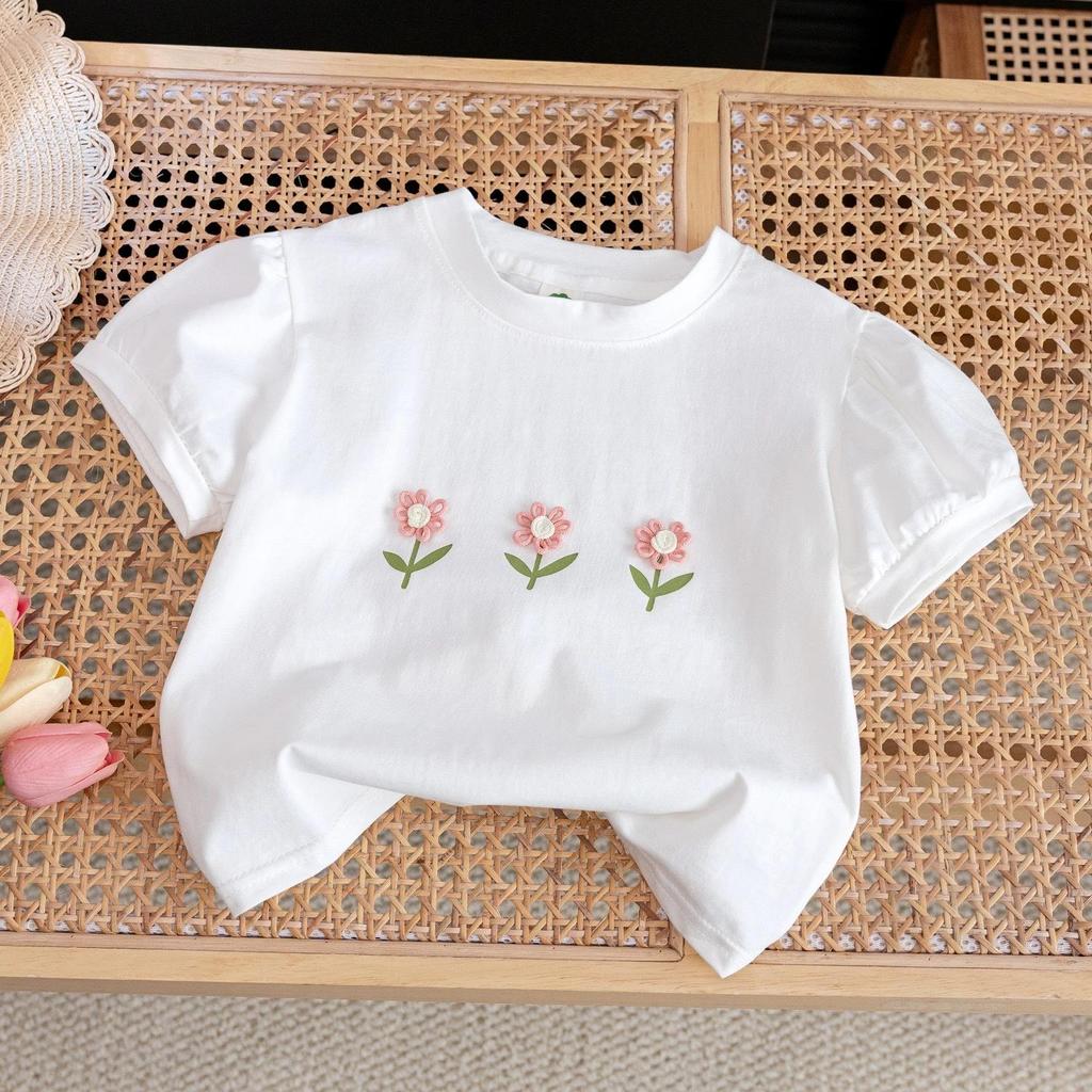 Korean Style Girls' Short-Sleeved Cotton T-Shirt with 3D Floral Design - Trendy Summer Children's Clothing