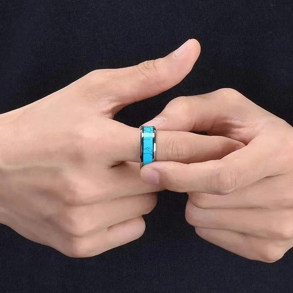 Fashion 8mm Men Stainless Steel Rings Inlay Blue turquoise Rings For Men Women Wedding Engagement Band Jewelry Gift