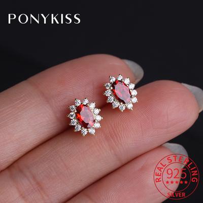 PONYKISS Vintage  Sterling Silver Geometric Oval Garnet Ruby Red Zircon Lace 14K Gold Stud Earring for Women Luxury