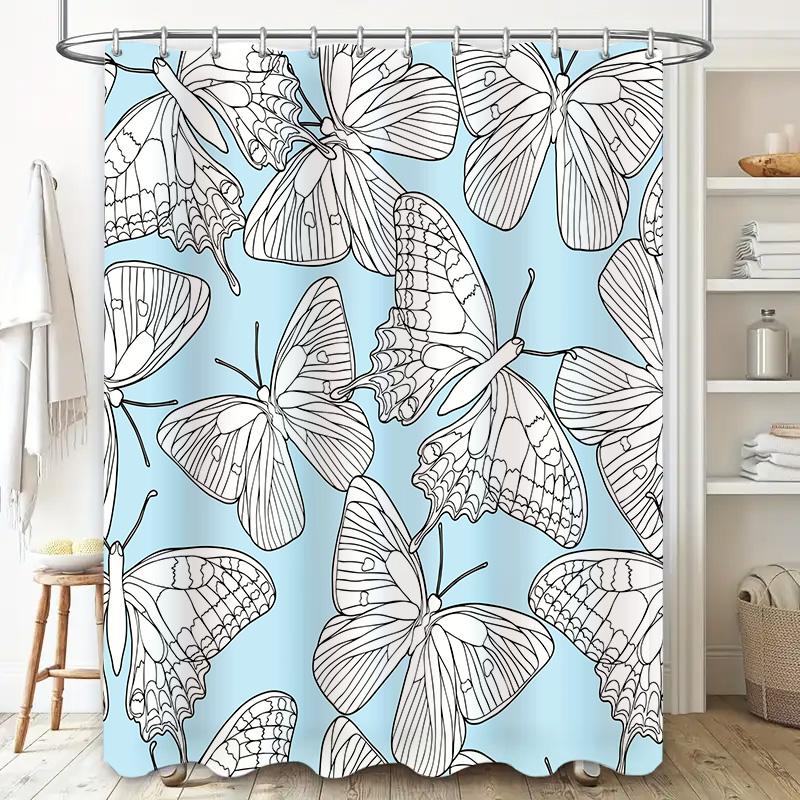 Luxury Printed Shower Curtains with Butterfly Design for Bathroom Decor Blue Floral Print Shower Curtain Set Size 180x245cm Free