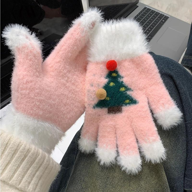 Snowflake Christmas Tree Gloves For Women Winter Plush Warm Thick Gloves Touch Screen Fluffy Fur Cycling Gloves Student Gifts