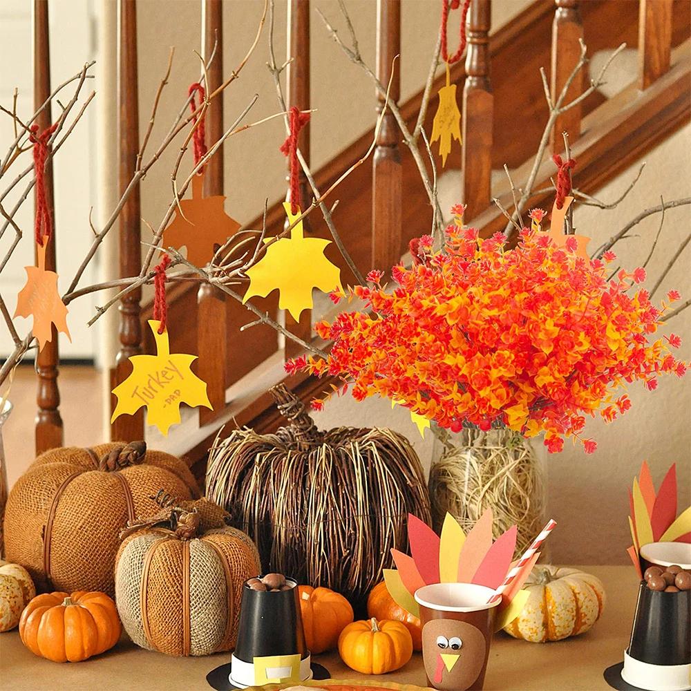 Artificial Fall Flowers Outdoor Plastic Shrubs Fake Plant for Garden Home Wedding Halloween Thanksgiving Autumn Party Decoration