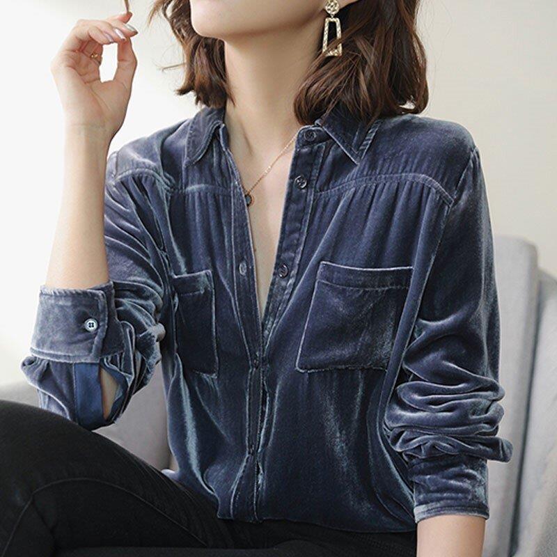 

Рубашка из бархата с золотой подкладкой, женская, с длинными рукавами, темперамент, универсальный топ, модная, свободная, базовая, трендовая XL