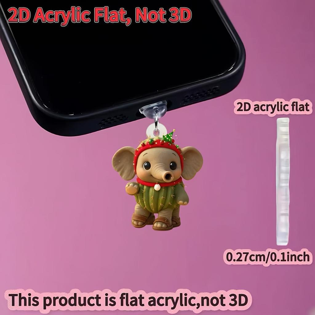 2D Cute Christmas Cactus and Elephant Phone Dust Plug, Adorable Design, Easy to Use, Good Dust Protection, Long-Lasting Protection for the Interface