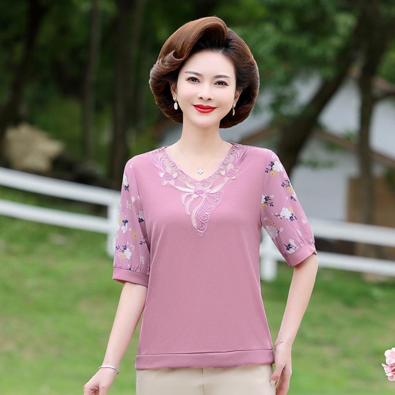 Mom's Summer Chiffon Short Sleeve Top: Stylish 2025 T-Shirt for Middle-Aged & Elderly Women