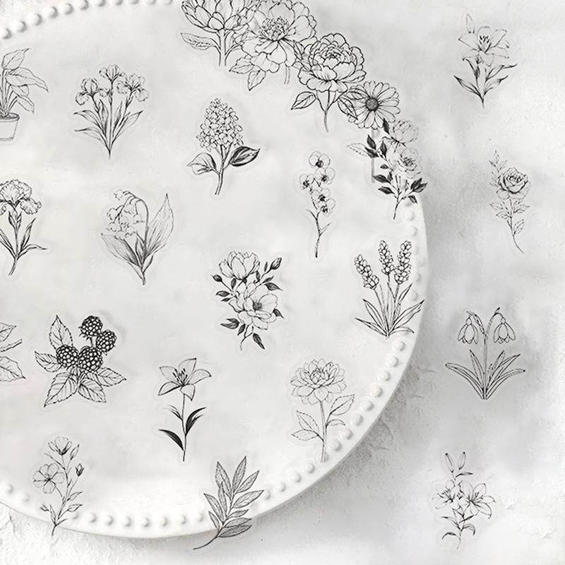 50Pcs Transparent Black White Vintage Flower Plant Stickers Decals Creative Diy Laptop Scrapbooking Decoration Pet Stickers