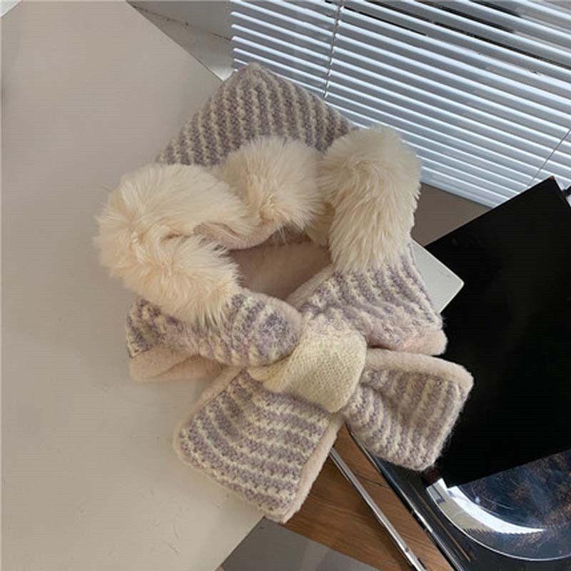 Autumn Winter Japanese Style Cute Plush Ear Protection Scarf Hat Integrated Knitted Fleece Lined Thickened Warm Wool Lei Feng Hat